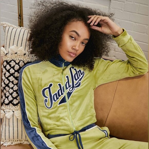 Jaded London Green and Blue Zip-Up Velour Jacket Cropped Long Sleeve Top - Picture 1 of 11